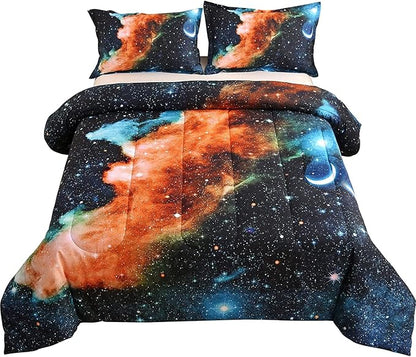 A Nice Night Black and Blue Galaxy Bedding Sets 3D Printed Cloud Quilt Comforter Sets with 2 Bedroom Pillow Covers Twin Size