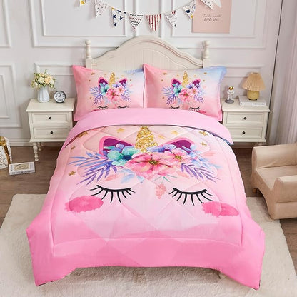 VIVILINEN Twin Size Bedding Set for Girls 3 Piece Pink Unicorn Kids Comforter Set Cartoon Unicorn Flowers Quilt Set Bed in A Bag Lightweight Duvet Bed Set for Kids Teen Girls Women with 2 Pillowcases