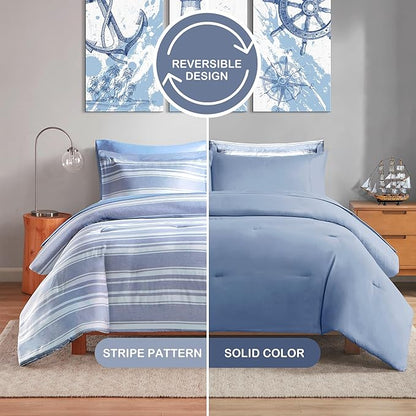 Queen Size Comforter Sets with Sheets, Modern Blue and White Striped Bed in a Bag, 7-Piece Complete Bedding Set Including Reversible Comforter, 2 Sheets, Pillowcases & Shams