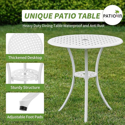 3 Piece Outdoor Bistro Set, Cast Aluminum Bistro Table and Chairs, Rust-Resistant Patio Furniture Set, White Bistro Set 3 Piece Outdoor for Garden, Backyard, Balcony