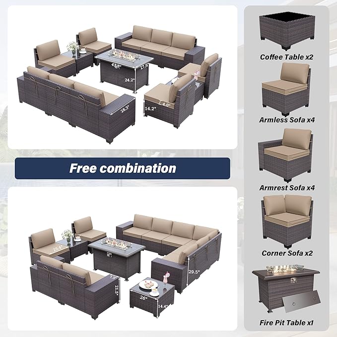 Patio Furniture Sectional Sofa Set 13-Pieces PE Rattan Patio Conversation Set w/43in Gas Fire Pit Table, Outdoor Furniture with 55000 BTU Propane Fire Pit, Sand