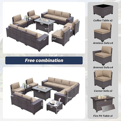 Patio Furniture Sectional Sofa Set 13-Pieces PE Rattan Patio Conversation Set w/43in Gas Fire Pit Table, Outdoor Furniture with 55000 BTU Propane Fire Pit, Sand