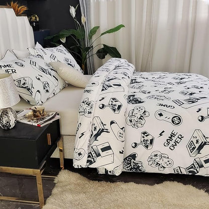 3PCS White Gamer Comforter Set Twin for Boys Girls Teens and Kids, Soft Microfiber Gamer Twin Quilt Bedding Set, Bed in a Bag Lightweight Summer Comforter, Twin