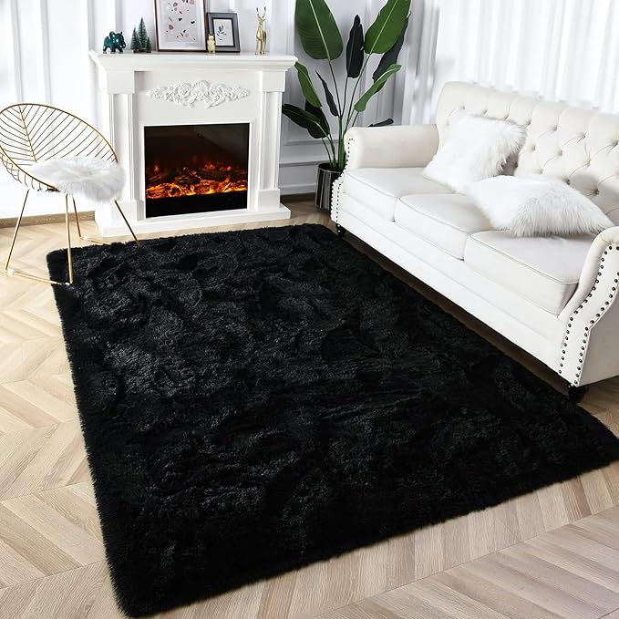 Super Soft Fluffy Shaggy Rugs 6x9 Feet for Living Room Bedroom, Fuzzy Plush Area Rugs for Girls Kids Room Nursery Home Decor, Furry Dorm Rug Cute Non-Slip Indoor Floor Carpet, Black