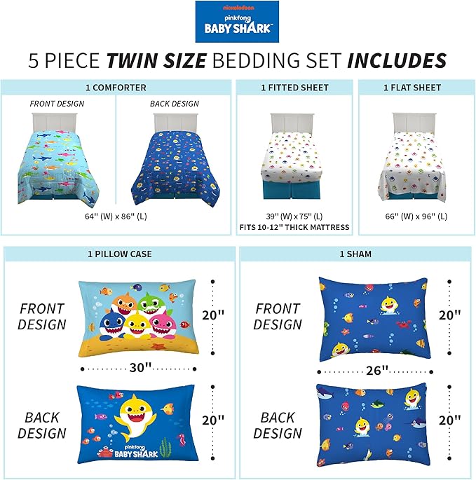 Franco Kids Bedding Super Soft Comforter and Sheet Set with Sham, 5 Piece Twin Size, Baby Shark