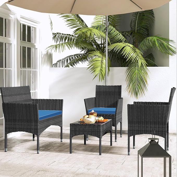 Patio Furniture, 4 Piece Conversation Set, Outdoor Wicker Rattan Table and Chairs, Sectional Sofa with Thick Cushion for Garden, Yard, or Porch, Black