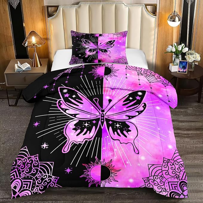 Butterfly Comforter - Butterfly Bed Set - Butterfly Comforter Set for Girls Women Bed Girls Twin Bedding Set Black Purple Butterflies with Sun and Moon Printed Quilt Sets with 1 Pillowcase