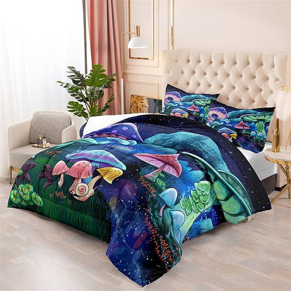 Cartoon Mushroom Bedding Set, Queen Size 3 Piece Ultra Soft Breathable Cute Mushrooms Bedding Comforter Sets Fungus Plant Bedspread for All-Season Bedroom Decor with 1 Comforter +2 Pillowcases