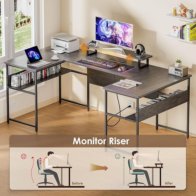 79” U Shaped Desk with Power Outlets, Reversible L Shaped Gaming Desk with Storage Shelves, Large Corner Computer Desk with Monitor Stand, 2 Person Desk for Home Office, Grey Black