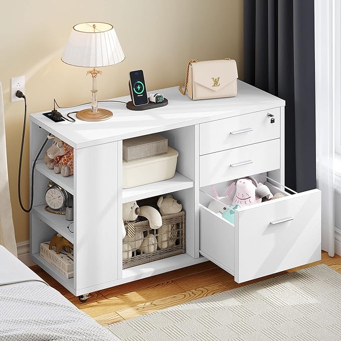 YITAHOME File Cabinet with Charging Station, Mobile Lateral Filing Cabinet with Lock for Home Office, Printer Stand with Open Storage Shelf, Fits A4, Letter, Legal Size Files, Office Furniture, White
