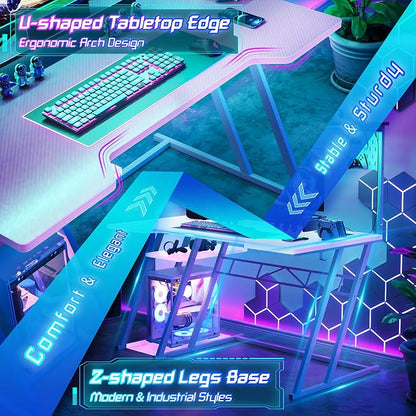 Pink Gaming Desk with Hutch and LED Lights, 55" Computer Desk with Storage Shelves, Reversible PC Gaming Desk with Pegboard, Gaming Table Gamer Desk for Bedroom, Carbon Fiber Pink