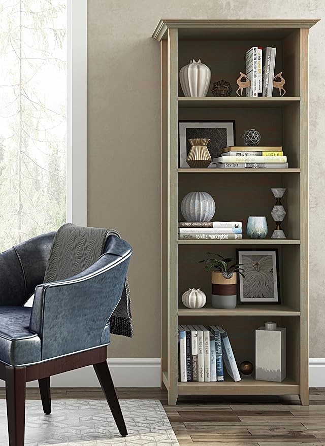 SIMPLIHOME Amherst SOLID WOOD 30 Inch Transitional 5 Shelf Bookcase in Distressed Grey, For the Living Room, Study Room and Office