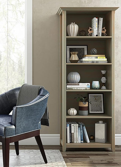 SIMPLIHOME Amherst SOLID WOOD 30 Inch Transitional 5 Shelf Bookcase in Distressed Grey, For the Living Room, Study Room and Office