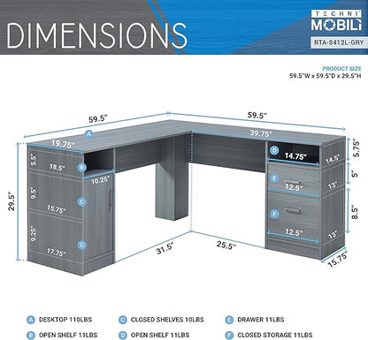 Techni Mobili Functional L-Shaped Computer Desk with storage, L is ⁠59.5" wide x 59.5" Long, Grey