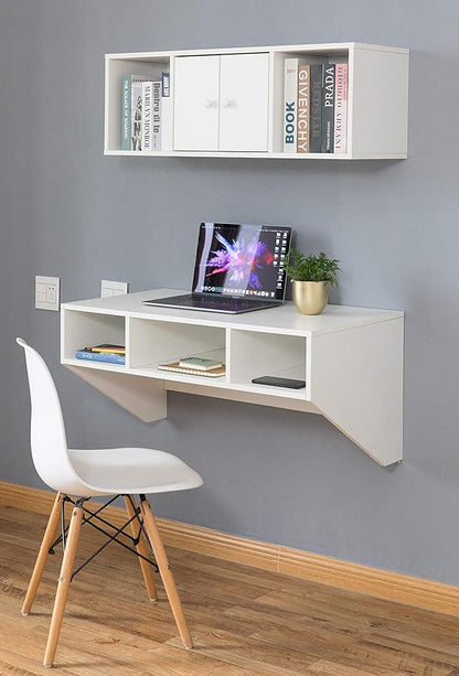 Wall Mounted Office Computer Desk and Floating Hutch Cabinet, White