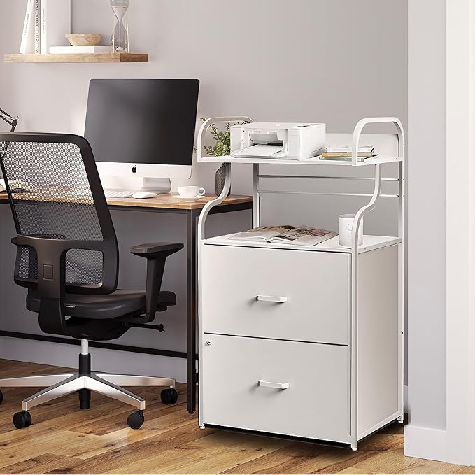 Vertical File Cabinet, 2 Drawer Mobile Filing Cabinet with 1 Bookshelf, Printer Stand with Open Storage Shelves Fits A4/Letter/Legal Size File Cabinets for Home Office Organizer, White