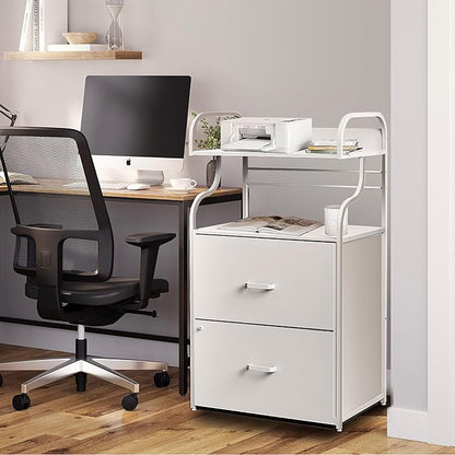 Vertical File Cabinet, 2 Drawer Mobile Filing Cabinet with 1 Bookshelf, Printer Stand with Open Storage Shelves Fits A4/Letter/Legal Size File Cabinets for Home Office Organizer, White