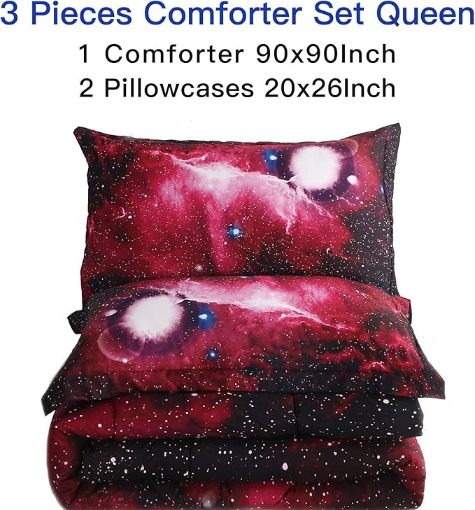 Litanika 3D Galaxy Comforter Queen(90x90lnch), 3 Pieces(1 Galaxy Comforter, 2 Pillowcases), Universe Nebula Outer Space Comforter, Microfiber Bedding Set for Boys Kids