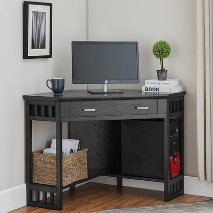 Leick Home 83430 Corner Computer/Writing Desk with Center Keyboard Drawer and Shelf, Black Oak