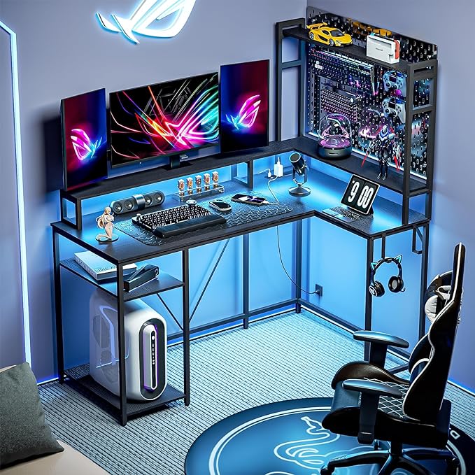 L Shaped Desk with Monitor Stand & Hutch, Computer Gaming Desk with LED Lights & Power Outlets, Home Office Coner Desk with Adjustable Storage Shelves, Black