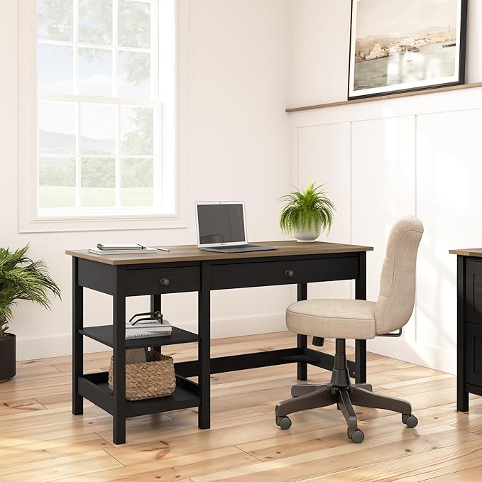 Bush Furniture Mayfield 54W Computer Desk with Shelves in Vintage Black and Reclaimed Pine| Table and Storage for Home Office Workspace