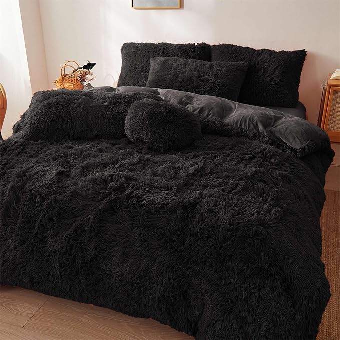 Fluffy black comforters Cover twin size - Ultra Soft Plush black bedding Sets 2 Pieces (1 faux fur comforter Cover + 1 fuzzy pillow case) girls shaggy black twin bed set (Black, Twin)