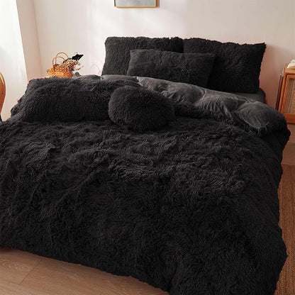 Fluffy black comforters Cover twin size - Ultra Soft Plush black bedding Sets 2 Pieces (1 faux fur comforter Cover + 1 fuzzy pillow case) girls shaggy black twin bed set (Black, Twin)