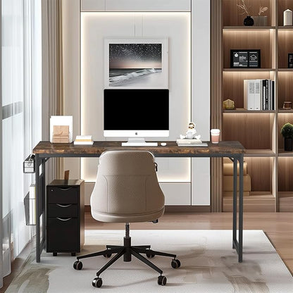 yoyomax Computer Desk, 55 Inch Home Office Desk, Wood Simple Style Student Writing Desk, Study PC Table with Storage Basket and Headphone Hooks, Rustic Brown