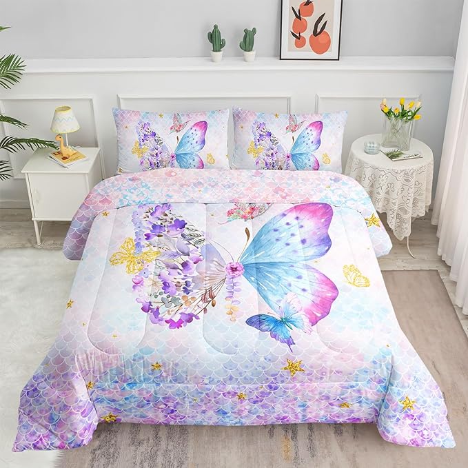 Datura home Butterfly Comforter Set Scales Butterfly Printed Quilt Bedding Set with 1 Comforter and 2 Pillowcases for Boys and Girls Bedroom All Season(Butterfly Scales Full)