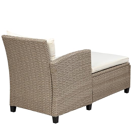 4PCS Patio Furniture Set, Outdoor Wicker Conversation Sectional L-Shaped Sofa with 4 Seater Thickness Coffee Table, for Backyard, Porch, Onesize, E-Beige Cushion+Brown Rattan