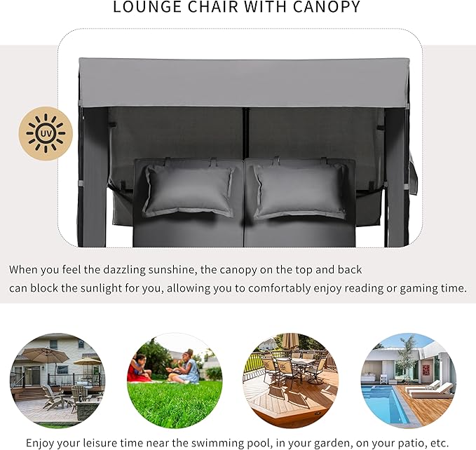 Outdoor Conversation, 2-Piece Patio Bench Rattan Roof Set, Effective UV Protection Waterproof Cushions and Adjustable Backrest for Garden, Backyard and Porch, Zg-Grey Wicker + Grey Fabric