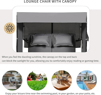 Outdoor Conversation, 2-Piece Patio Bench Rattan Roof Set, Effective UV Protection Waterproof Cushions and Adjustable Backrest for Garden, Backyard and Porch, Zg-Grey Wicker + Grey Fabric