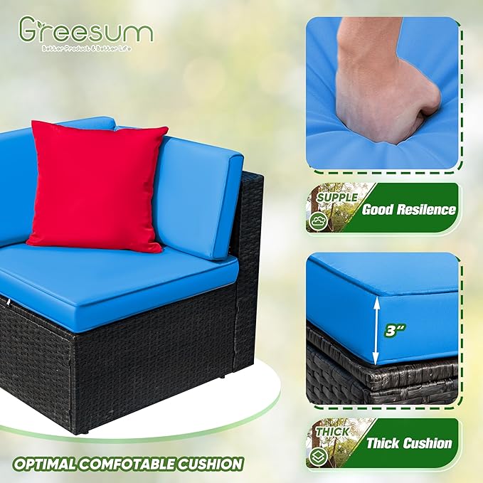 Greesum 3 Piece Patio Conversation Set Wicker Rattan Furniture Outdoor Sofa with Cushions,Pillows and Glass Table for Porch,Lawn and Yard, Blue