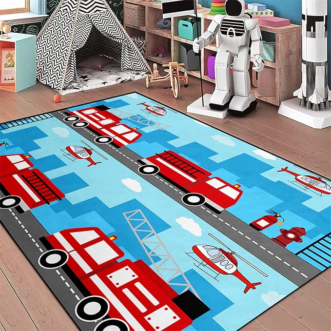 Car Rug Play Mat Car Rug Play Mat Car Rug for Boys Room Fire Fighting Truck Red Car Printed Rug Play Rug for Cars and Trucks Play Rugs for Kids Rooms,Light Blue 2'5''×4'