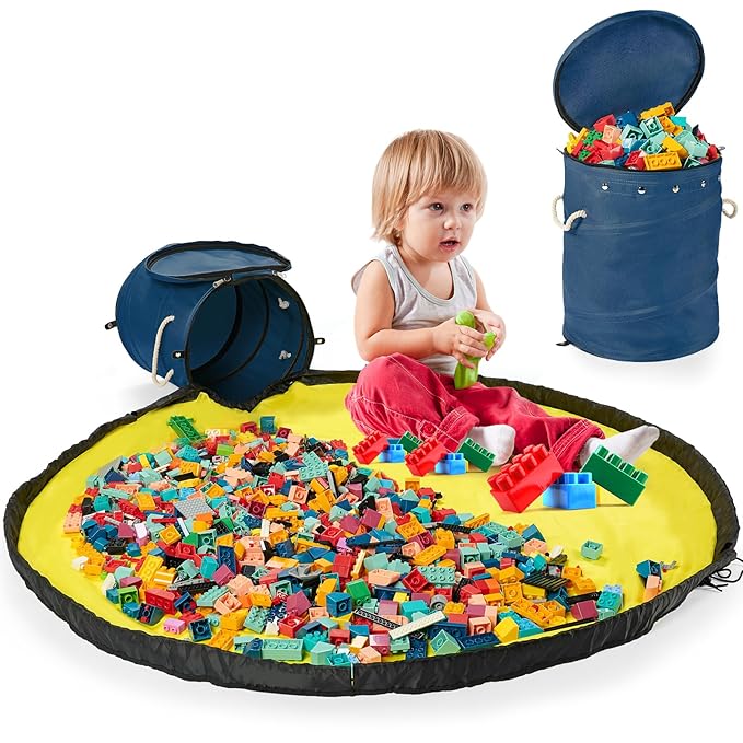 Toy Storage Basket + Play Mat for Kids Toy Chest Organizer Toy Box for Toddlers Boys Girls Kids Toy Storage Organizer Storage Bins with Lids Large Toy Box Living Room Nursery Playroom (Blue)
