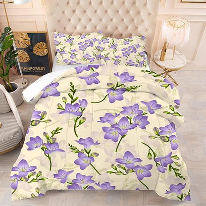 kxry Purple Flower Comforter Sets Bedding Sets Twin Size Comforter Set for Girls Women Kids 1 Comforter + 1 Pillow Case