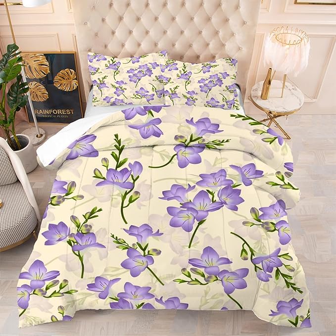 kxry Purple Flower Comforter Sets Bedding Sets Full Size Comforter Set for Girls Women Kids 1 Comforter + 2 Pillow Case
