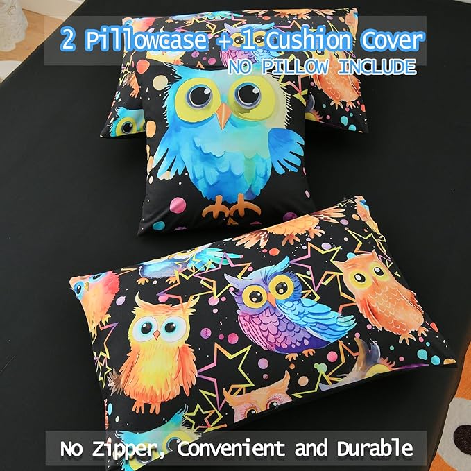 DORCAS Full Bedding Set with Comforter, Sheets for Kids, 6 Pieces, Owl, All Seasons, Unisex, Polyester, Machine Wash, Cute Owl Theme Design