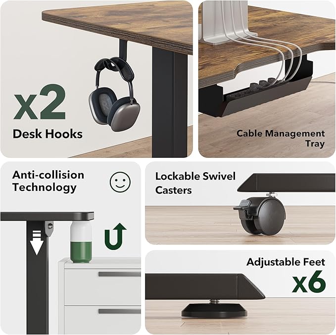 FEZIBO L Shaped Standing Desk Adjustable Height, 63 Inch Electric Stand up Corner Computer Desk, Sit Stand Home Office Desk with Splice Board, Rustic Brown Top/Black Frame