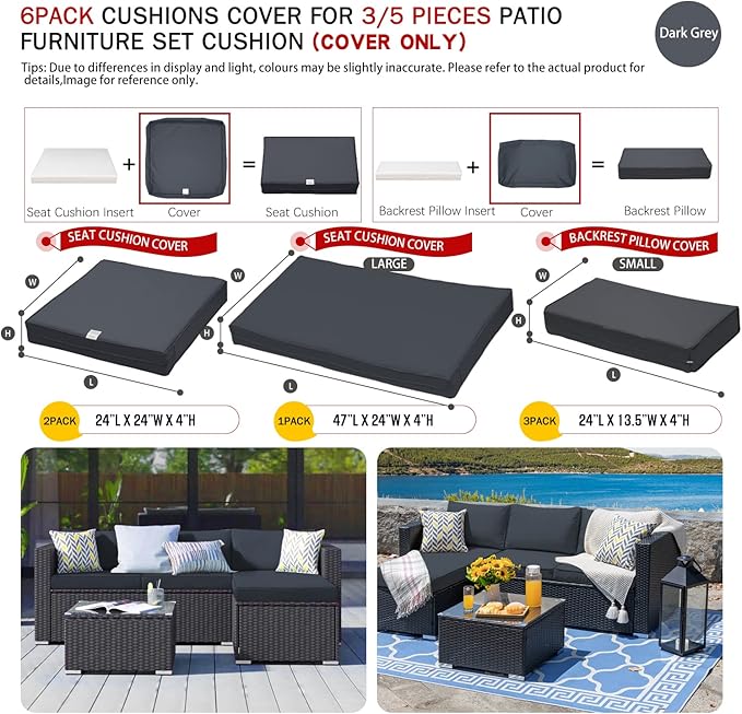 ClawsCover 6Pack Outdoor Seat and Back Cushions Replacement Covers Fit for 3 Pieces 3-Seater Wicker Rattan Patio Furniture Conversation Set Sectional Couch Chair,Dark Gray-Include Cover Only