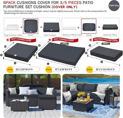 ClawsCover 6Pack Outdoor Seat and Back Cushions Replacement Covers Fit for 3 Pieces 3-Seater Wicker Rattan Patio Furniture Conversation Set Sectional Couch Chair,Dark Gray-Include Cover Only