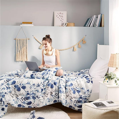 Codi Floral Twin Comforter Set for Teen Girls, Spring Lavender Bedding Sets with Soft Seersucker 2pcs - 1 Flower Comforters and 1 Pillows Case, Blue