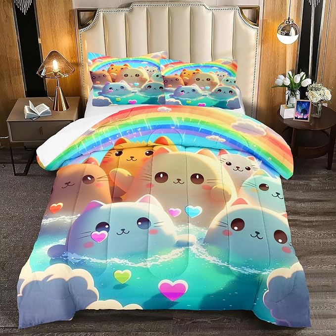 Queen Cat Comforter Set, Girls Kawaii Cat Bedding Sets, 1 Comforter+2 Pillowcases, Microfiber, Printed, Modern Style, 3 Pieces