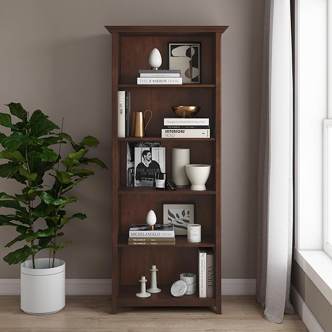 SIMPLIHOME Amherst SOLID WOOD 30 Inch Transitional 5 Shelf Bookcase in Russet Brown, For the Living Room, Study Room and Office