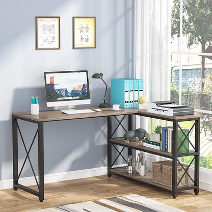 Tribesigns Reversible Industrial L-Shaped Desk with Storage Shelves, Corner Computer Desk PC Laptop Study Table Workstation for Home Office Small Space (Grey, 53")