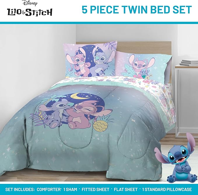 Disney Lilo and Stitch Twin Size Comforter Set - 5 Piece Floral Bedding includes Sheet Set & Pillow Covers Features Angel - Super Soft Purple & Teal Stars Kids Bedding