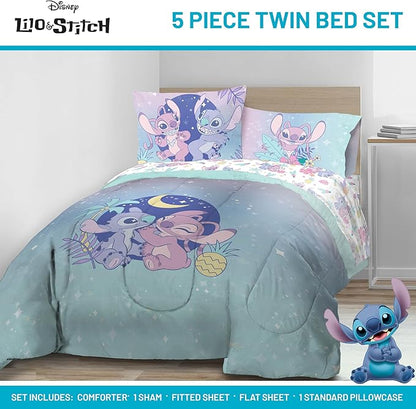 Disney Lilo and Stitch Twin Size Comforter Set - 5 Piece Floral Bedding includes Sheet Set & Pillow Covers Features Angel - Super Soft Purple & Teal Stars Kids Bedding