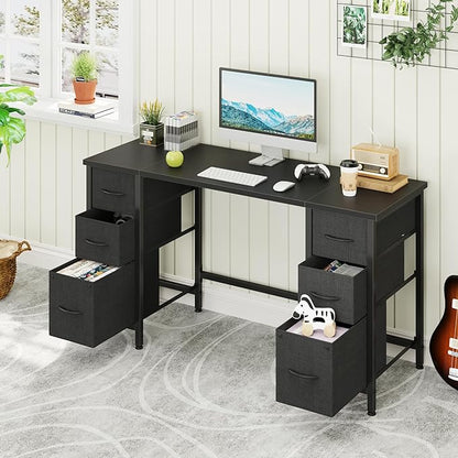 55'' Office Desk with 6 Fabric File Drawers - File Drawer Organization, Computer Work Desk, Study Writing Table, Home Office Workstation, Black.