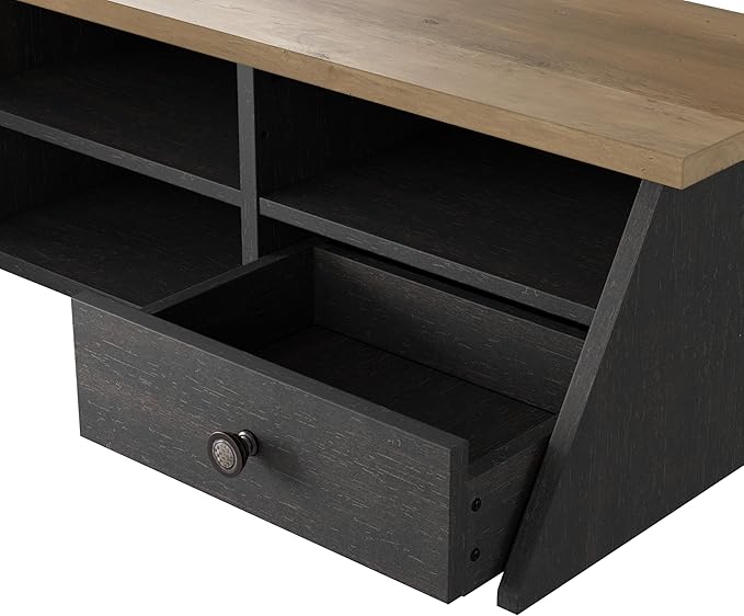 Bush Furniture Mayfield 60W L Shaped Computer Desk with Storage and Desktop Organizer in Vintage Black and Reclaimed Pine | Storage for Home Office Workspace
