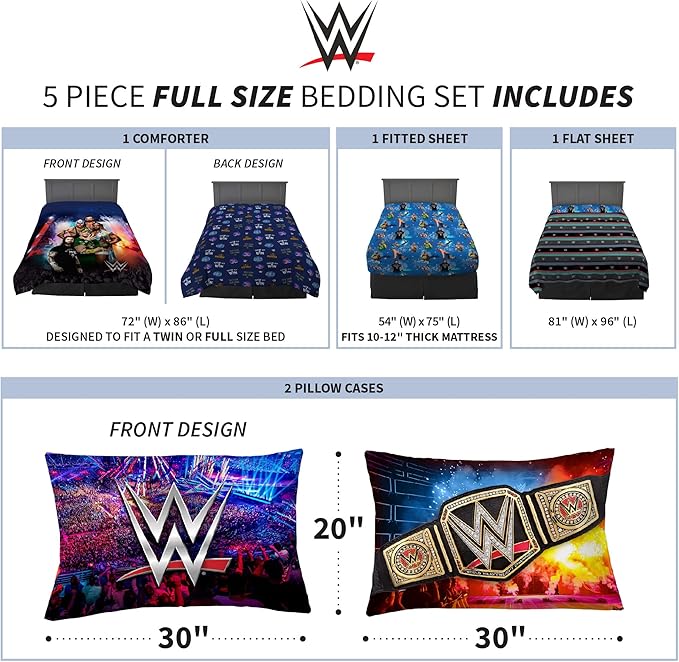 Franco Kids Bedding Super Soft Comforter and Sheet Set, 5 Piece Full Size, WWE